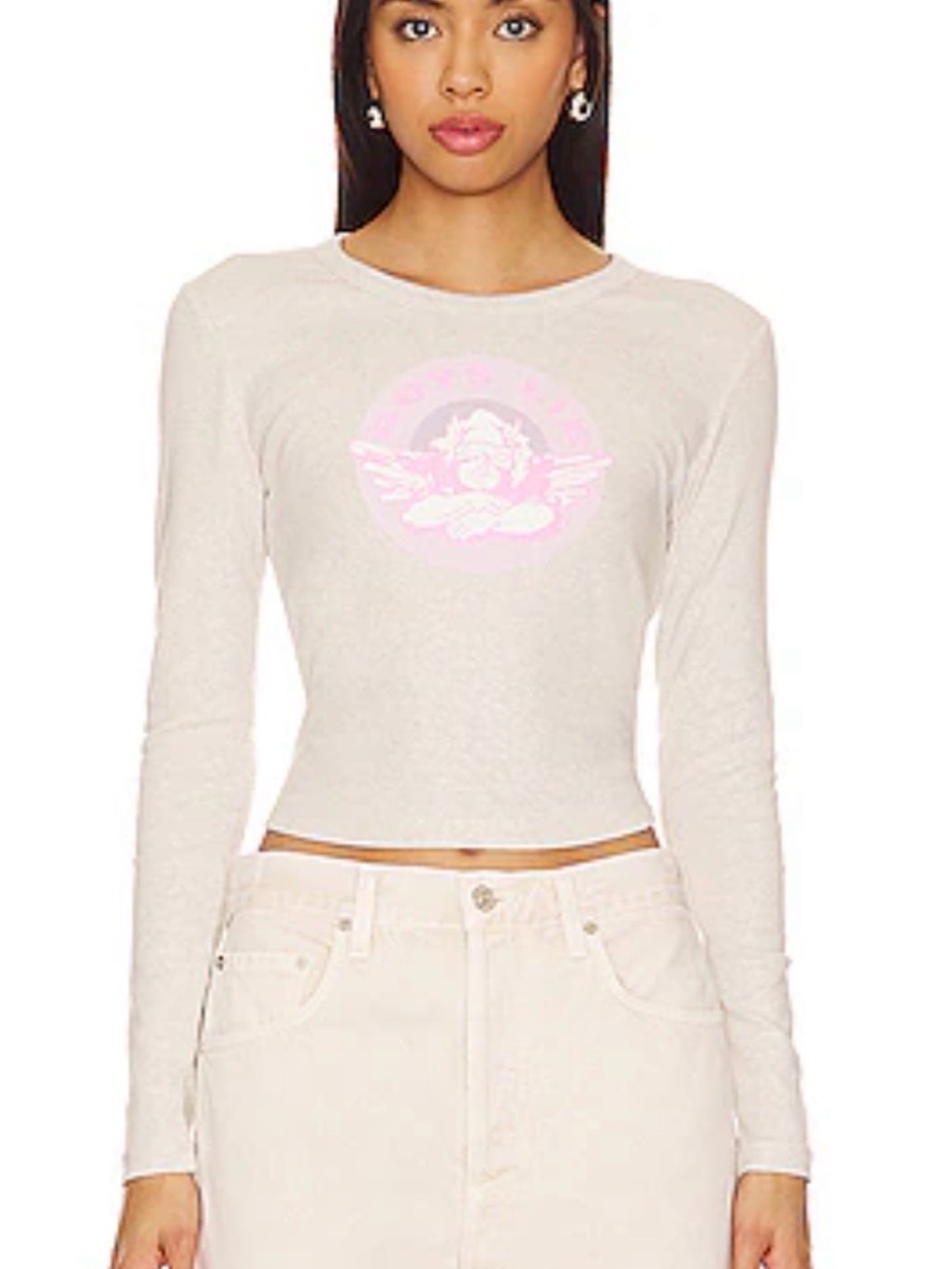 Boys Lie Grey Long-Sleeve Cropped Tee with Pink Graphic